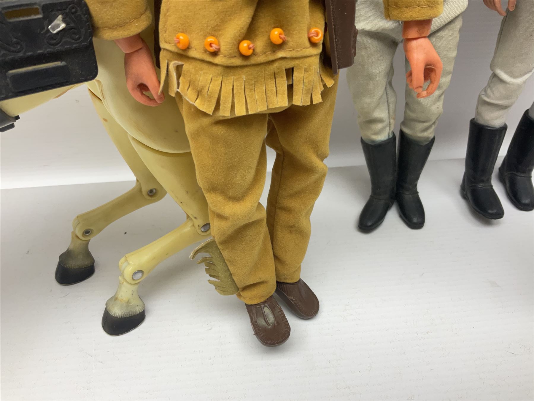 Two pairs of 1970s Lone Ranger and Tonto action figures, probably by Marx Toys; and Gabriel 'Silver' stallion horse; all unboxed (5)