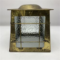 Arts & Crafts style brass porchlight/lantern shade, of square tapering form, with four mottled glass panels, H17cm