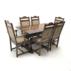 Old Charm - refectory style rectangular oak dining table, shaped and pierced end supports joined by stretcher on sledge feet (W153cm, H76cm, D82cm) and set six (4+2) oak framed dining chairs, carved and shaped cresting rail, upholstered splat and seat, baluster supports (W58cm)