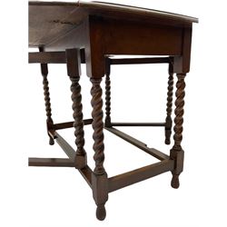 Early 20th century oak barley twist drop leaf dining table (105cm x 154cm, H74cm), and four chairs 