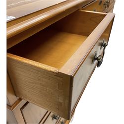 Georgian design yew wood twin pedestal desk, moulded rectangular top over nine cock-beaded drawers, on bracket feet