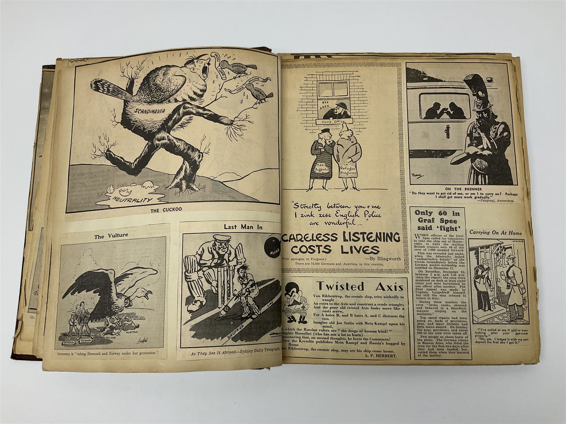 Album of WWII era paper ephemera, to include cartoon illustrations by George Goodwin Butterworth and Clive Uptton, articles and photographs