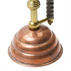 Pair of Arts and Crafts brass and copper candlesticks after a design by Dr Christopher Dresser with bobbin turned hardwood handles on domed weighted bases Rd No.5379 H19cm