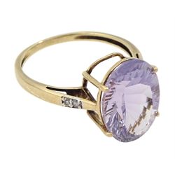 9ct gold single stone amethyst ring, with diamond set shoulders, hallmarked