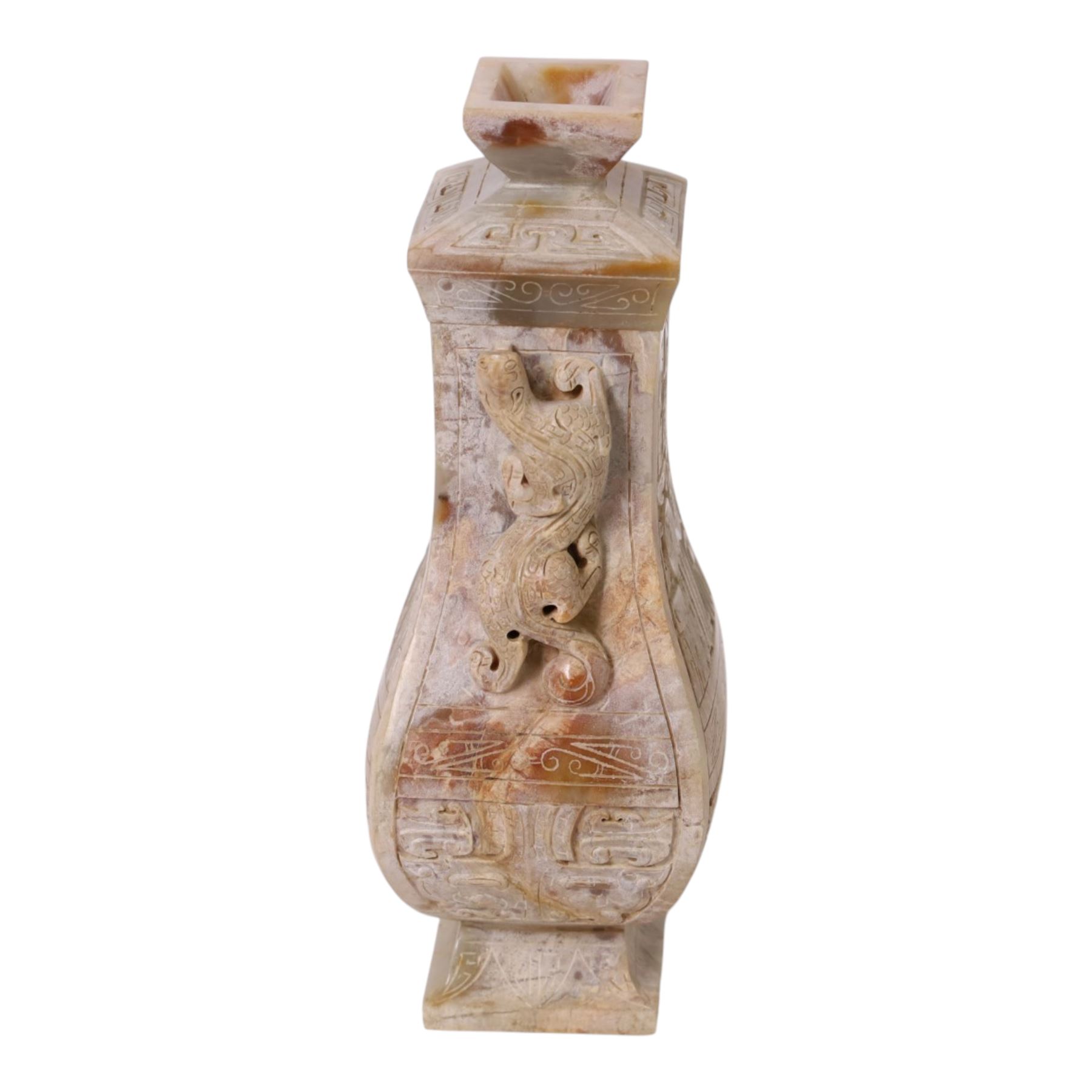 Chinese hardstone vase and cover, with lizard handles and decorated in relief, H23cm