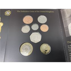 The Royal Mint United Kingdom 2005 proof coin set, with certificate, 2009 'Henry VIII' brilliant uncirculated fine pound coin, 2010 brilliant uncirculated coin collection, 2015 'The Fourth and Fifth Circulating Coinage Portrait Collection', and 'Farewell and Nations of the Crown UK' one pound brilliant uncirculated two coin set, all cased or in card folders