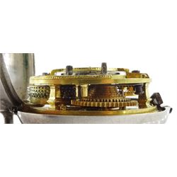 George III silver repousse pair cased verge fusee pocket watch by Samson, London,  No. 20384, square baluster pillars, the enamel polychrome dial depicting a sailor and sweetheart saying farewell, Roman hours and outer Arabic minute ring, inner case by James Richards, London 1793, the outer case depicting figures in an interior setting, with scroll borders interior scene makers mark T.P possibly Thomas Pepper