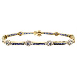 9ct gold sapphire and diamond bracelet, nine square cut sapphire and diamond chip clusters, each spaced by six channel set sapphire links, hallmarked