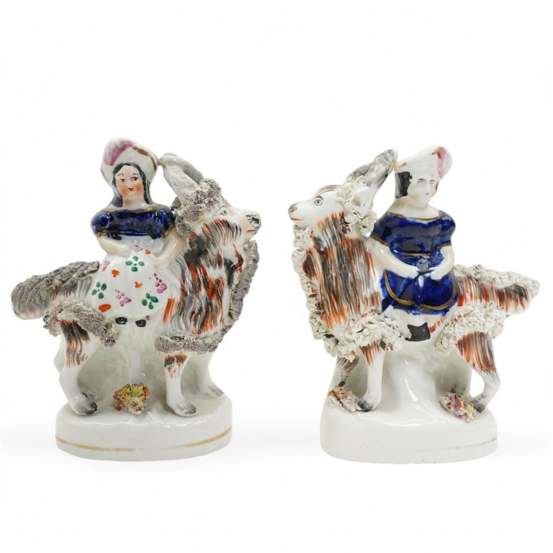Collection of Staffordshire figures, to include a pair depicting Princess Victoria Adelaide Mary Louise, later Empress of Prussia and her brother King Edward VII as children riding goats, and others comprising Colonel Peard, Returning Home and Potash Farm (5)
