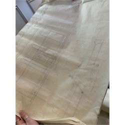 Thomas William Whipp ARIBA (1880-1950) (Chartered Architect and Surveyor): Quantity of architectural drawings and plans relating to Scarborough including: Manor Road Boarding House 1932, Temperance Hall Falsgrave Road 1935, Londesborough Theatre and Picture House 1930 Cooperative Bakery Victoria Road 1938, 4 Valley Bridge Parade 1927, Cooperative Society 181-183 Dean Road 1931, Mill Lane Bakery 1938, housed in a canvas steamer style trunk, wood and metal bound, L91cm