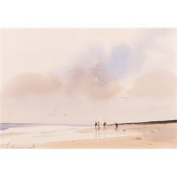 Edward Seago RWS RBA (British 1910-1974): Sea Anglers on a Beach, watercolour signed in pe...