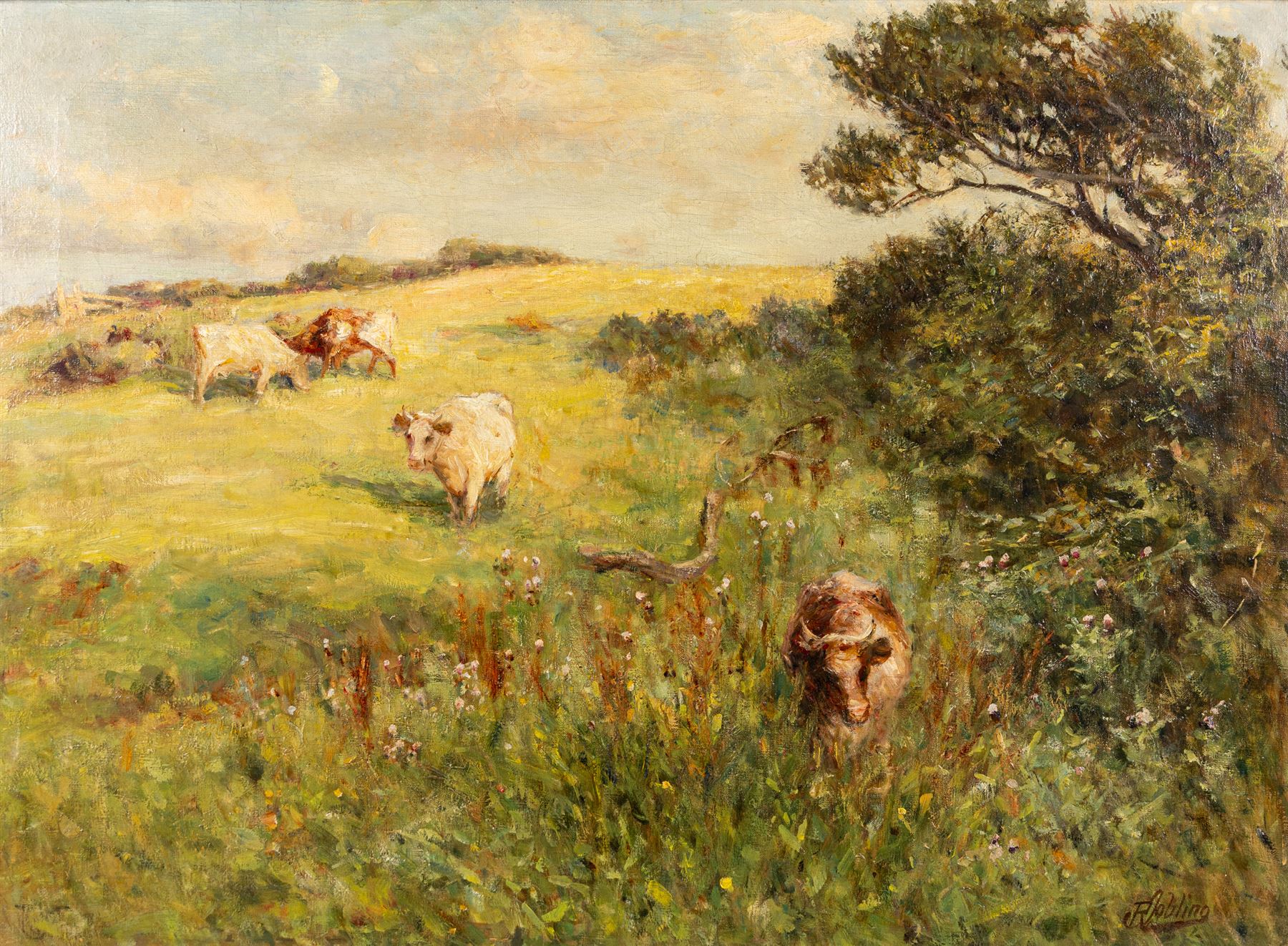Robert Jobling (Staithes Group 1841-1923): Cattle in a Summer Meadow, oil on canvas signed 55cm x 75cm