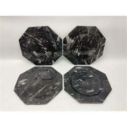 Four octagonal plates, each with Orthoceras and Goniatite inclusions, age: Devonian period, location: Morocco, D30cm