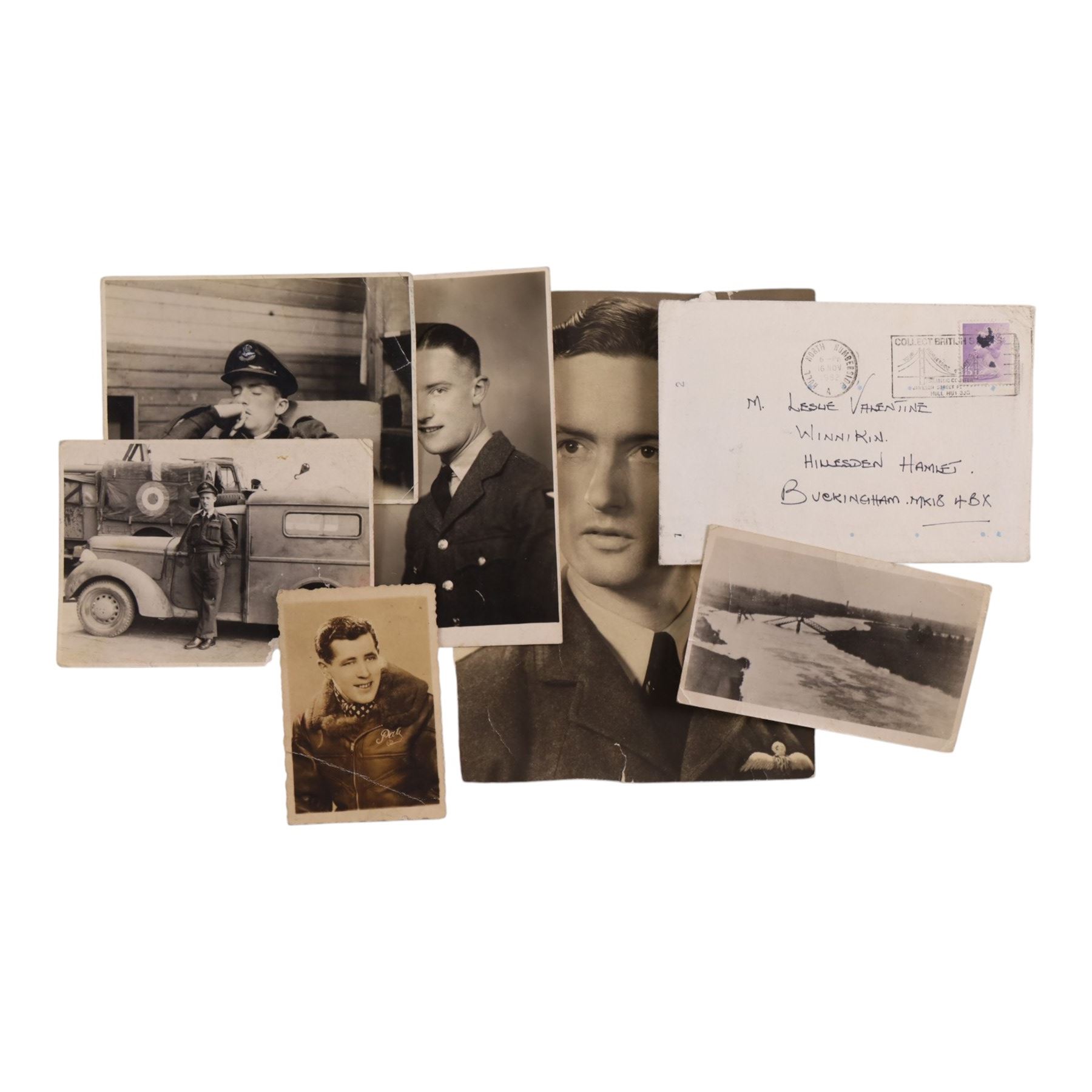 Royal Air Force WWII Distinguished Flying Cross (DFC) medal group with associated documentation, logbooks, ephemera, and personal papers awarded to RAF Flying Officer Leslie Valentine DFC CdeG, pilot of Doulgas Boston E Easy on D Day 1944. The medal group comprises DFC, 1939-1946 Star, The Air Crew Europe Star, France and Germany Star, War Medal, Defence Medal, and Croix de Guerre with siilver star to the ribbon, upon a medal bar. Together with a cased Defence medal, awarded to Valentine by David Cameron at Downing Street November 2012, for his services in the Highland Light Infantry prior to joining the RAF. Together with two logbooks, one including the entry for June 6th ‘Ops “D” Day smoke laying to cover invading troops off Le Havre’, Booklet of provisional pilots notes for Boston IV, associated paperwork for Croix De Guerre, photographs of Flying Officer Leslie Valentine and print by Michael Turner (1934-), Friendly Smoke D-Day 6th June 1944 print, this print is of the R.A.F Douglas Boston that Leslie Valentine was flying on D Day. The print is signed by Leslie Valentine and Flight Lt. John Mackenzie, together with a personal note from the artist.  

In 1939 Leslie Valentine was called up for military service, he joined the Highland Light infantry and spent ten months in France. Upon returning to England, he volunteered to join the RAF. In 1941 he was sent to Medicine Hat in Alberta, Canada, for his training, returning to Britain, for operations training at RAF Bicester, then RAF Finmere, learning to fly Blenheim and Boston bombers. Valentine was posted to squadron no.88 2nd Tactical Air Force, Bomber Command. This squadrons operation were mainly conducted in daylight, in close formation. On D Day 6th June Valentine flew his Boston ‘E-Easy down to 50 feet above the D-Day beaches laying smoke to protect the invasion forces from enemy fire. In total RAF Flying Officer Leslie Valentine DFC CdeG flew sixty back-to-back missions during WWII