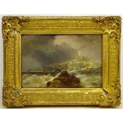 English School (19th century): Ship floundering off Dunstanburgh Castle Northumberland, oil on board unsigned, original inscribed title label verso 30cm x 45cm