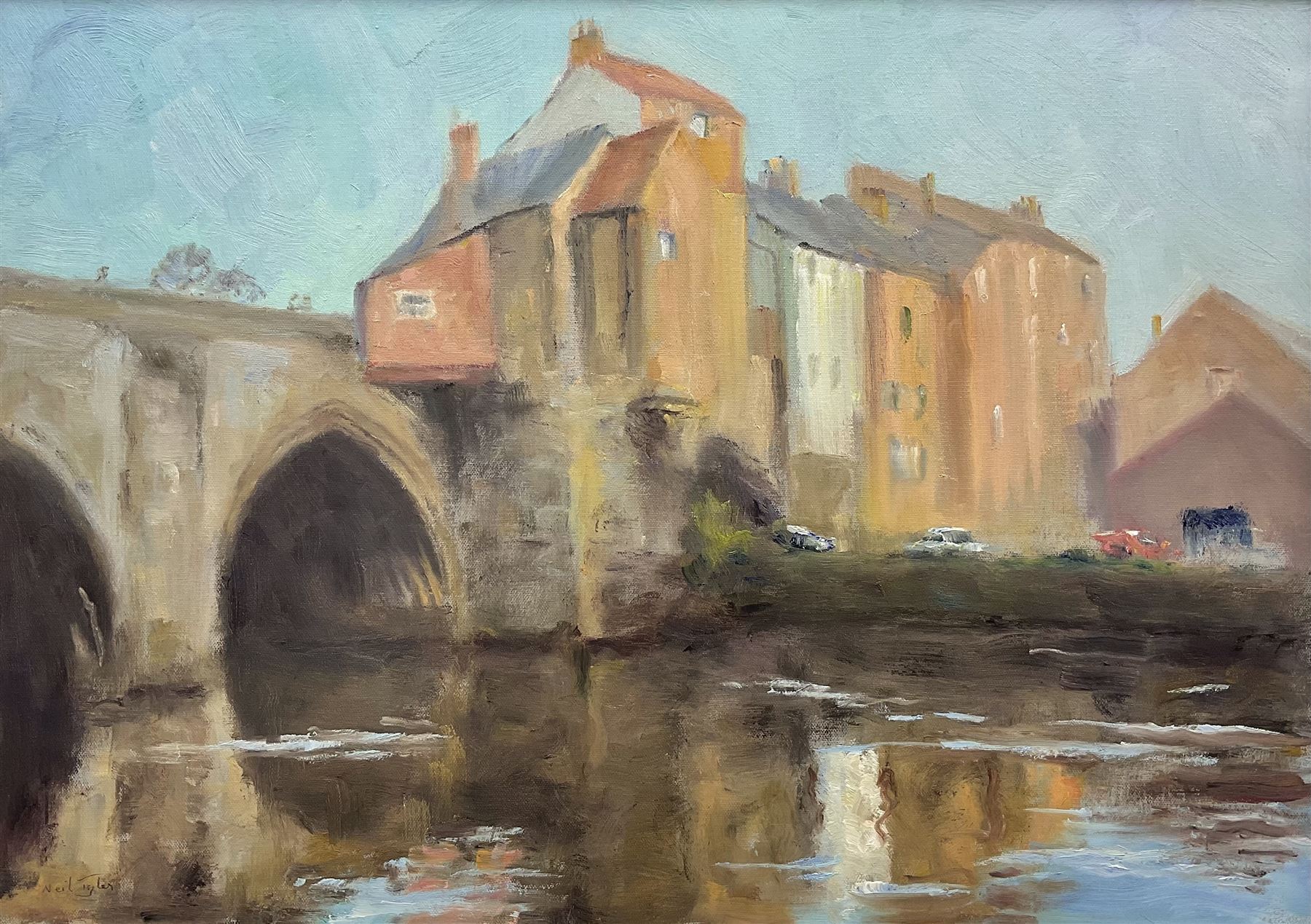 Neil Tyler (British 1945-): 'Elvet Bridge Durham', oil on canvas signed, titled verso 49cm x 69cm