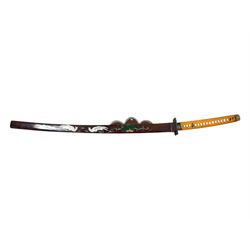 Japanese Katana, the tsuba decorated with flowers and birds, the scabbard with enamel decoration, blade L73cm, overall L105cm