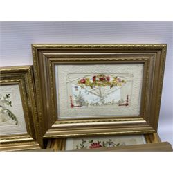 Collection of twenty five, mostly WWI period embroidered silk greetings cards and postcards, including 'To my sweetheart', 'I love you' and 'To my dear little boy' examples, all within modern gilt frames