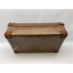 Vintage leather suitcase, by H. J. Cave and Sons of London, with two button slide locks to front, leather handles, reinforced leather corners, manufacturer's label to interiors, L64cm
