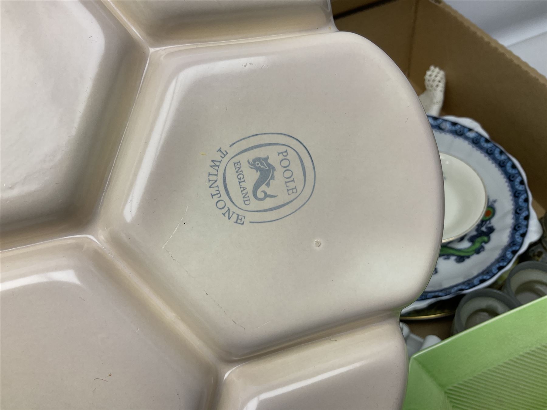 Collection of ceramics to include Bretby jardinière, Royal Worcester, Palissy, Royal Doulton Dickens Ware, Carlton ware, 19th century small dish painted with roses and foliate decoration, lustre, Poole etc in two boxes