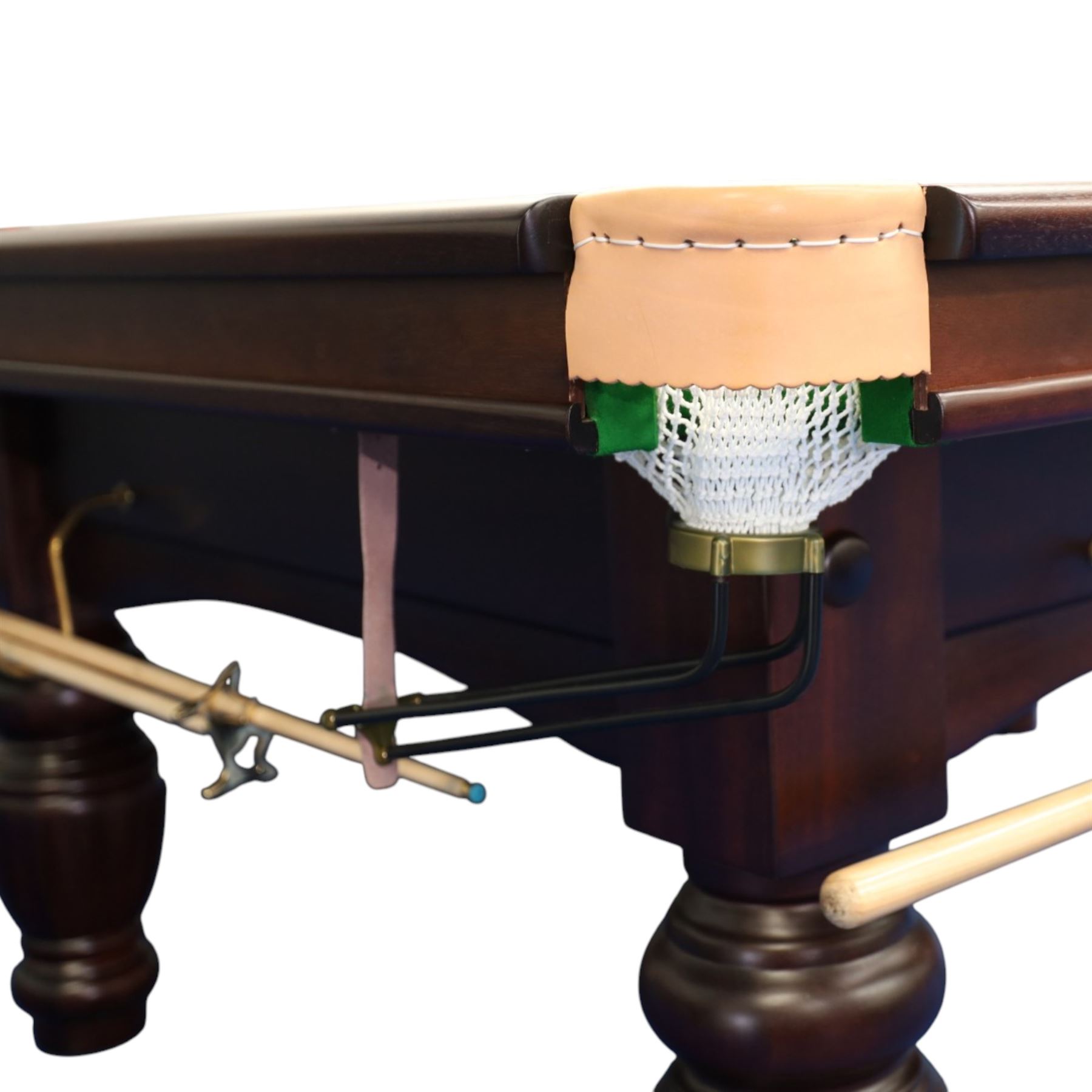 Riley England - full size snooker table, traditional timber framed table fitted with green baize cloth, leather drop pockets, turned legs with stretcher bars, slate bed; with accessories to include, cues and stand, rests, ball, iron, brush and cover
