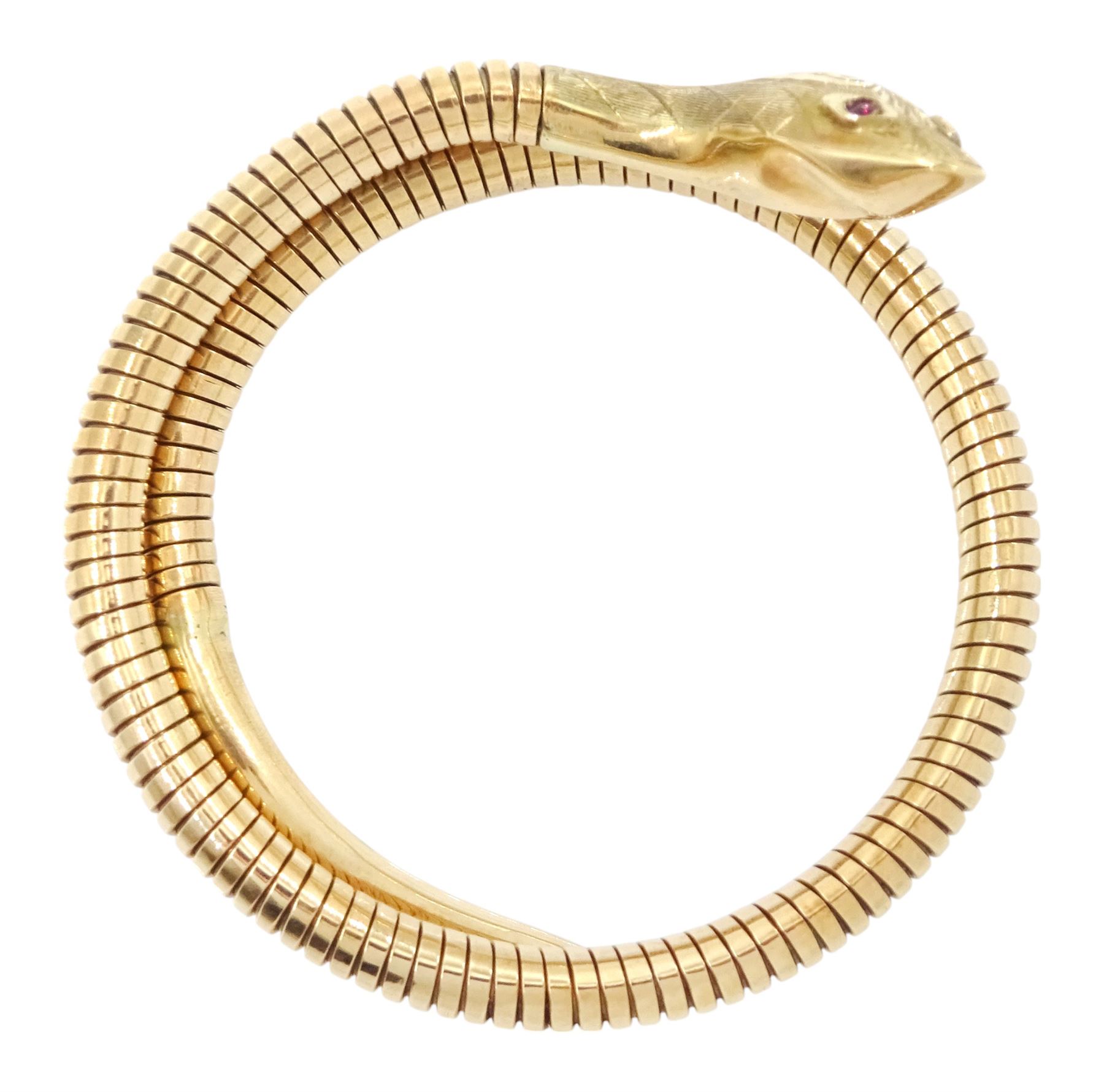 9ct gold snake bangle, with ruby set eyes, Chester 1958
