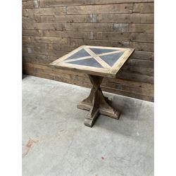 4 x Rustic square restaurant bistro table, parquetry top, X shaped base