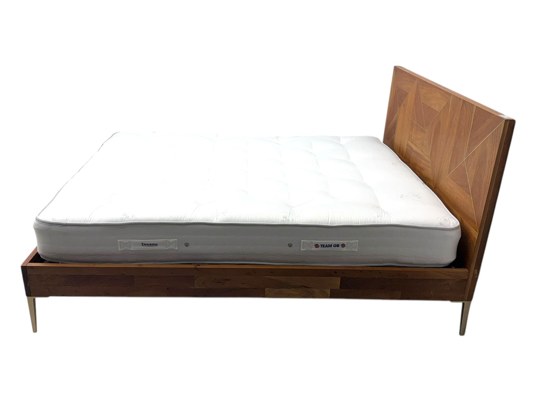 Barker & Stonehouse - contemporary chestnut king size bed frame, with geometric inlaid headboard and brass detailing, slatted base and tapered brass effect legs, together with Dreams ‘Reynolds 1000’ pocket sprung mattress