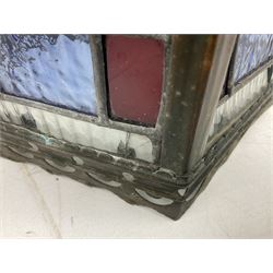 Victorian brass and stained leaded glass hall lantern, of hexagonal form, supported by four domed arms and pierced fret, H46cm W20cm