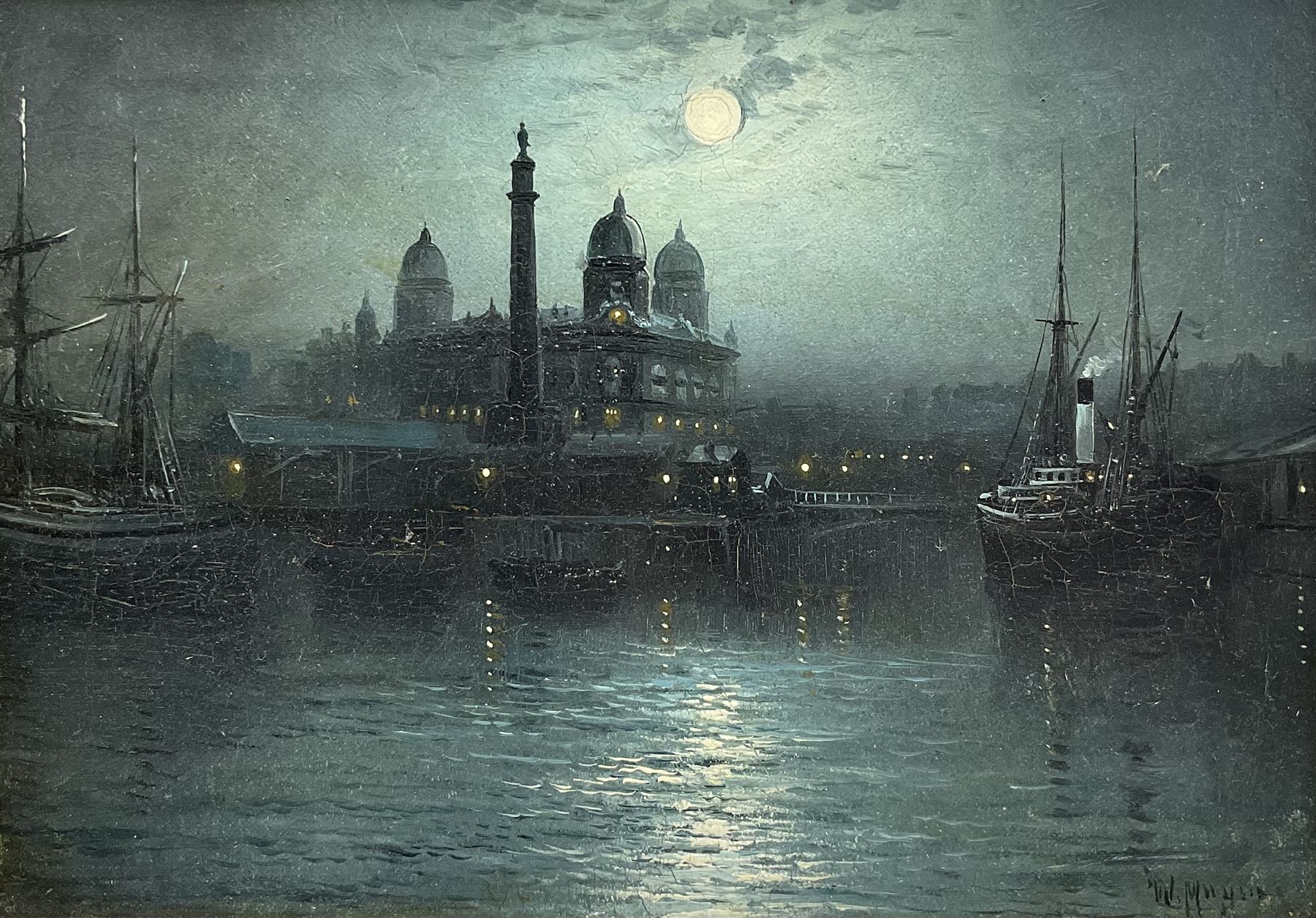 Walter Linsley Meegan (British c1860-1944): Hull Dock Offices and Wilberforce Monument by Moonlight, oil on canvas signed 25cm x 35cm 
Provenance: private East Yorkshire collection, purchased Dee, Atkinson & Harrison 19th November 1999 Lot 586