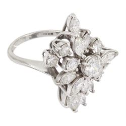 18ct white gold round brilliant cut and marquise cut diamond, stepped design cluster ring, London 1975, total diamond weight approx 3.10 carat