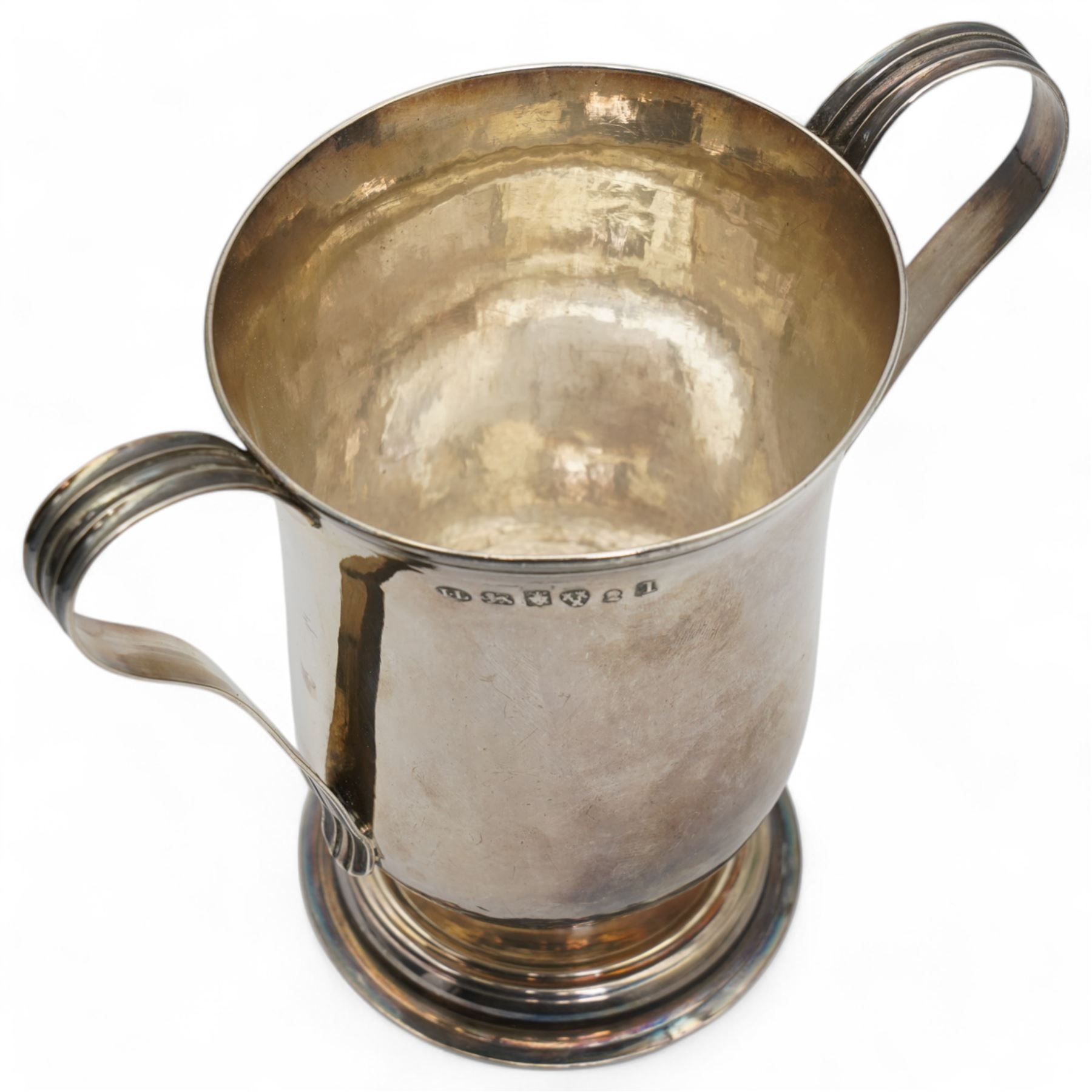 George III provincial silver two handled mug of baluster form engraved with initials, with reeded loop handles H14cm Newcastle 1799 Maker John Langlands II