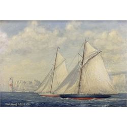 Geoff Hunt RMS (British 1948-): 'Britannia and Valkyrie II off The Needles 1893', oil on board signed and dated '90, titled and inscribed verso 8.5cm x 12.5cm