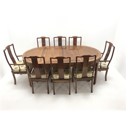 Chinese rosewood extending dining table with two leaves, square tapering supports on spade feet (W203cm, H78cm, D112cm) and set eight (6+2) chairs (W56cm)