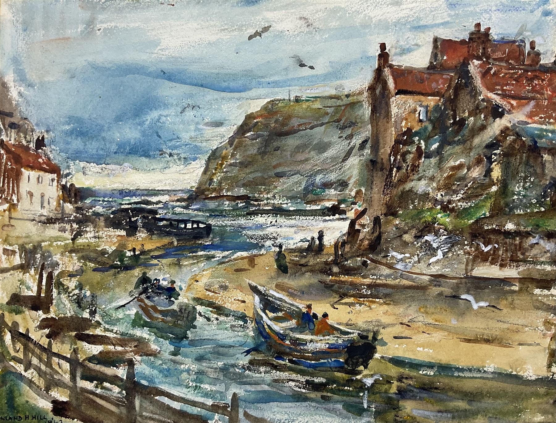 Rowland Henry Hill (Staithes Group 1873-1952): Looking Down Staithes Beck, watercolour signed and dated 1942, 26cm x 34cm (mounted)