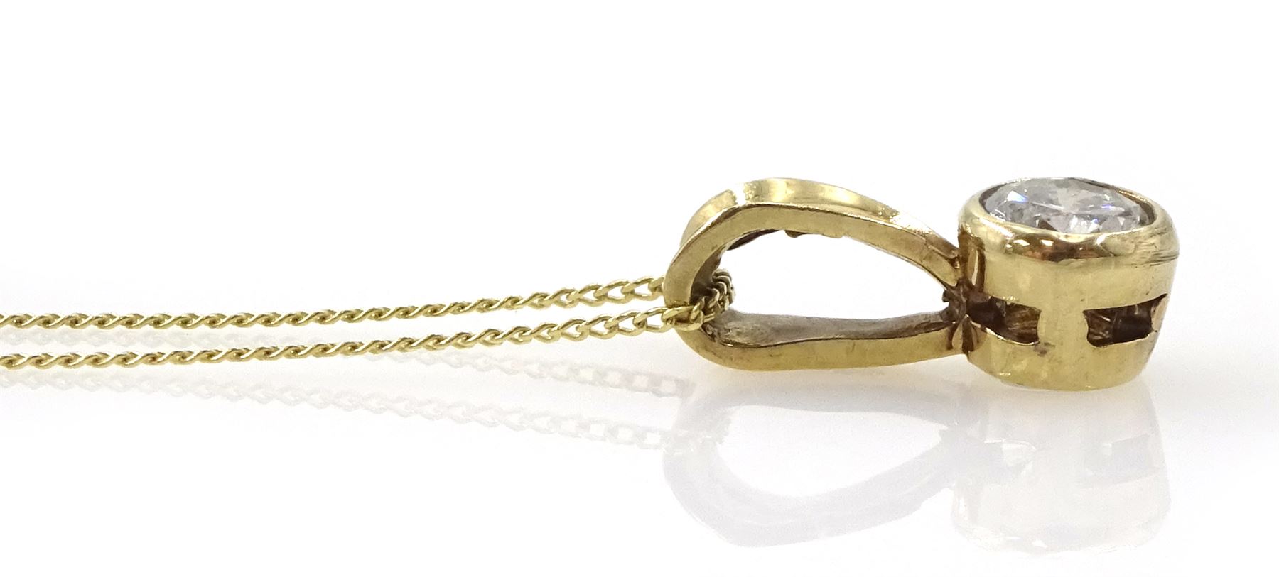 9ct gold bezel set single stone round brilliant cut diamond pendant, hallmarked, on 9ct gold chain necklace, diamond approx 0.25 carat