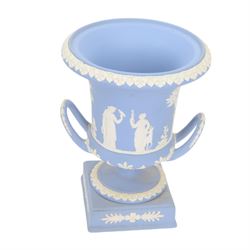 Wedgwood Jasperware twin handled vase with fluted rim, together with Tunstall jasperware twin handled urn and other jasperware 