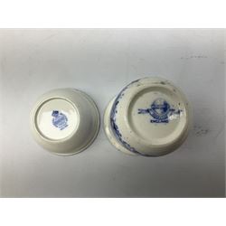 Mintons Genevese pattern wash bowl, jug and toothbrush holder, together with a similar Mintons blue and white soap dish, all decorated in the oriental style, all with printed marks beneath, largest D32cm