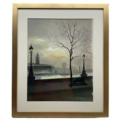Steven Scholes (Northern British 1952-): 'The Oxo Tower from the Victoria Embankment', oil on canvas board signed 49cm x 39cm