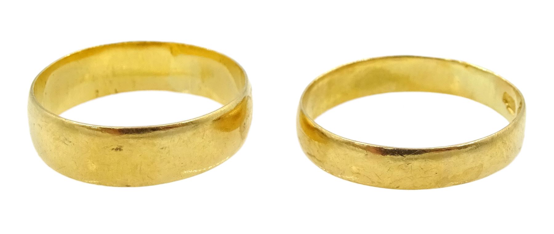 Victorian gold wedding band, Birmingham 1872 and an Edwardian gold wedding band, Birmingham 1910, both 22ct gold