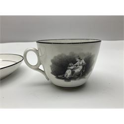 18th century and later ceramics, including Newhall bat printed cup and saucer, decorated with classical depictions of a mother and child, Newhall Boy in the Window pattern tea bowl, Royal Worcester tea bowl and saucer and other teacups, tea bowls and saucers