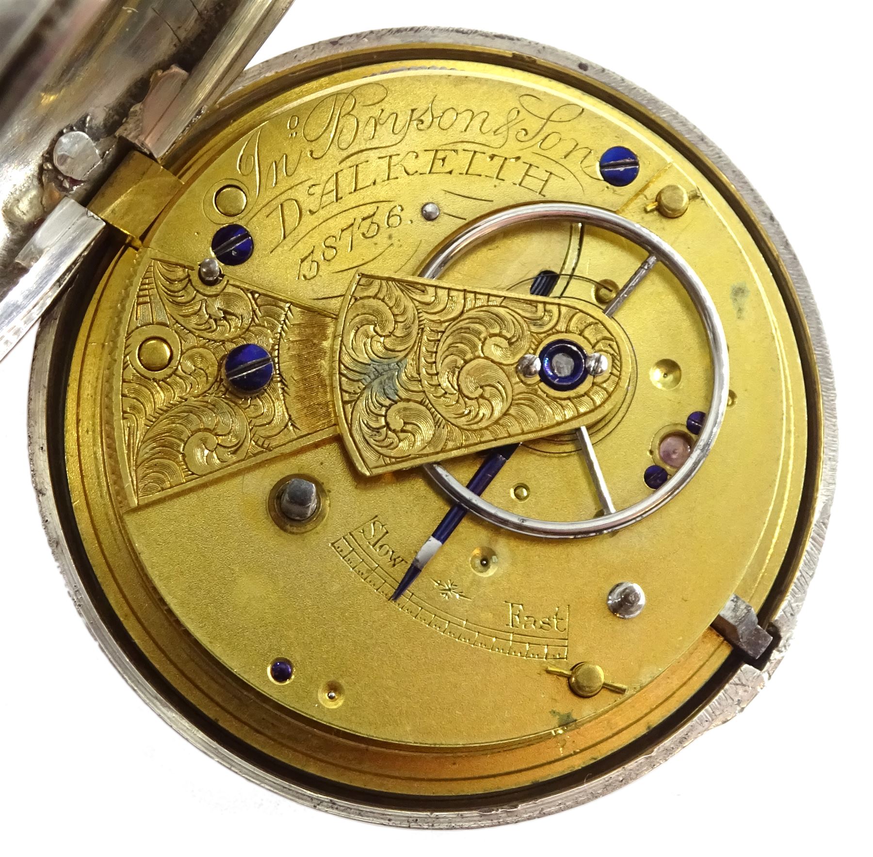 Victorian silver pair cased English lever fusee pocket watch by John Bryson & Son, Dalkeith, No. 38736, round pillars, engraved balance cock with diamond endstone, white enamel dial with Roman numerals and subsidiary seconds dial, case by Philip Woodman & Sons, London 1866
