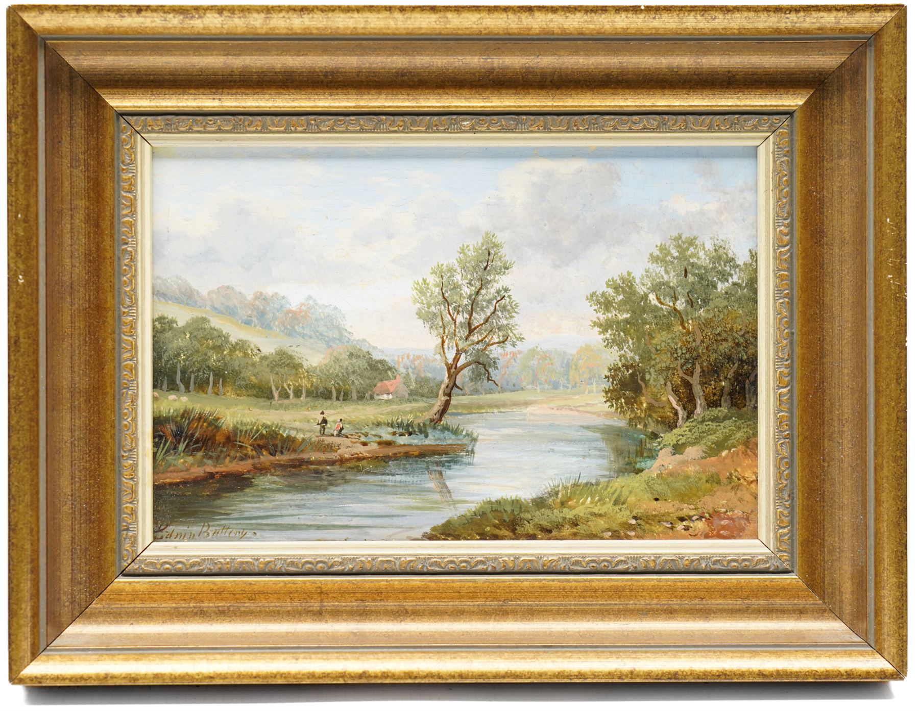 Edwin Buttery (British 1839-1908): Landscapes with Figures along the River Bank, set of three oils on panel signed 12cm x 18cm (3)