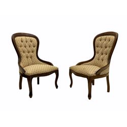 Pair Victorian style stained beech framed bedroom chairs, spoon buttoned backs 