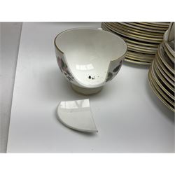 Wedgwood Hathaway Rose pattern tea and dinner wares, comprising twelve saucers, sixteen teacups, twenty tea plates, jug, sucrier, thirteen shallow bowls, sauce boat and saucer, two lidded tureens, larger jug, ten dinner plates, nine smaller plates and two large oval serving dishes