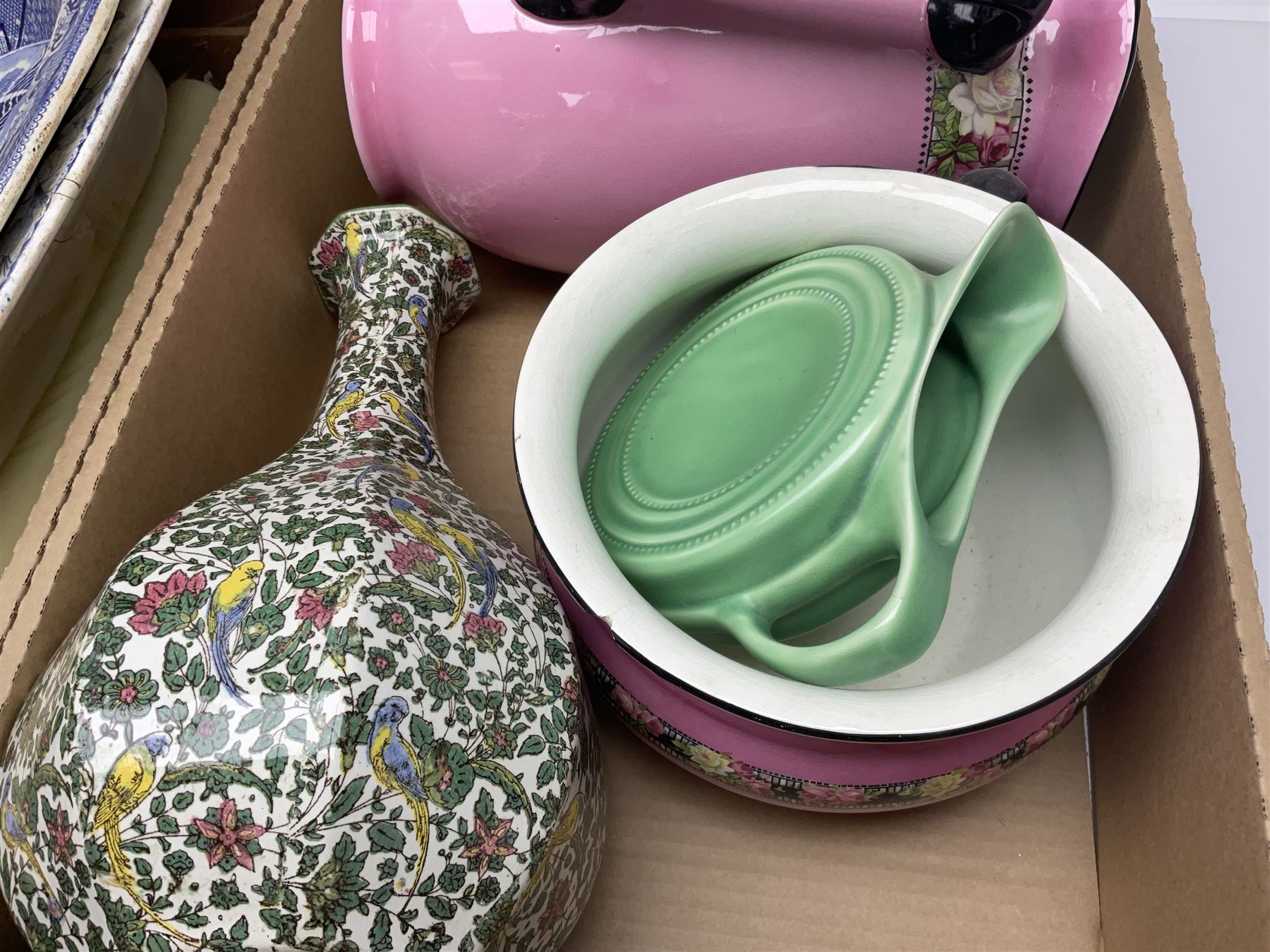 Blue and white meat platter and a similar blue and white meat draining plate, together with a pink ceramic floral jug and bowl, three packs of church candles and a wooden screen, etc 