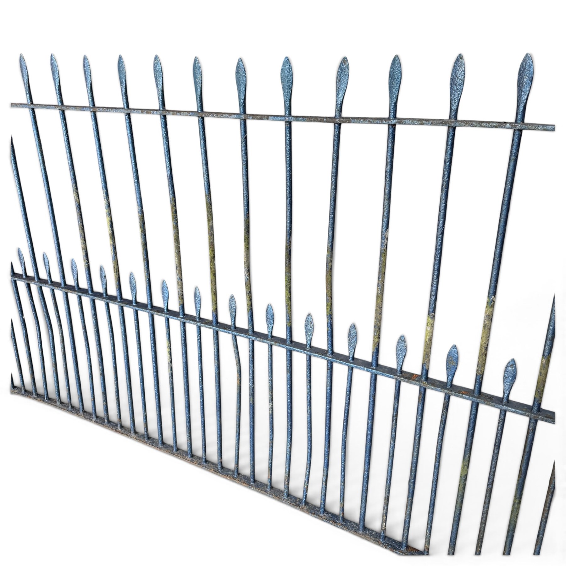Two sections of painted iron garden or estate boundary railing, comprising a 19th century wrought iron section with graduated spearhead uprights, together with a later hoop-top section with ball-finial end posts, both in blue painted finish