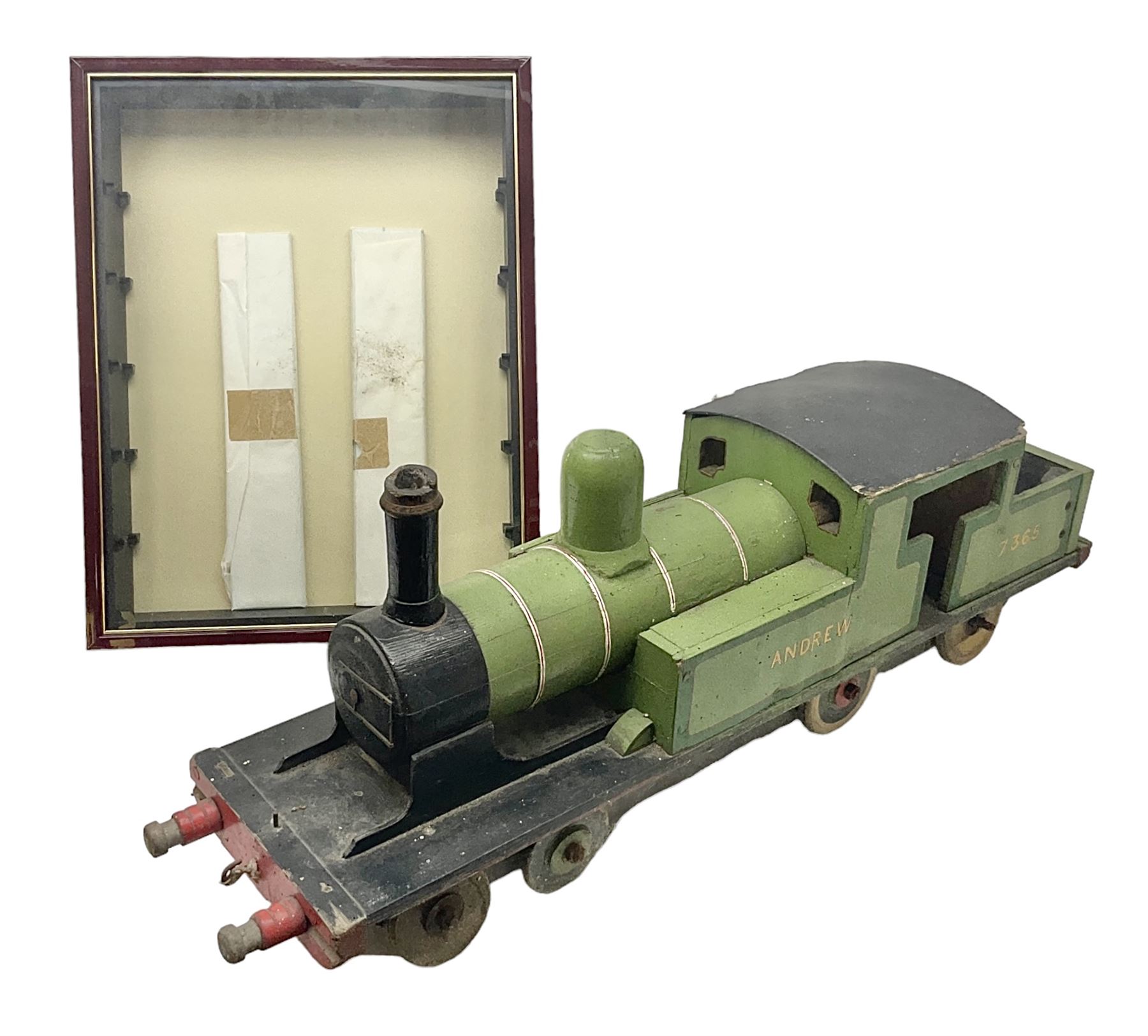 1960s scratch-built green, black and red painted wooden model of a 4-6-0 tank locomotive 'Andrew' No.7365 L88cm; and an unused wall mounting die-cast model display cabinet with glass door and shelves 52 x 40cm (2)