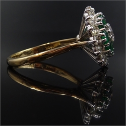  Diamond and emerald gold cluster ring, stamped 18ct, diamonds approx 1.1 carat, emeralds approx 1 carat  