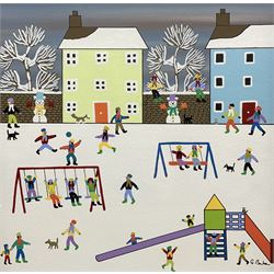 Gordon Barker (British 1960-): Park Games in Winter, acrylic on paper signed 28cm x 28cm 